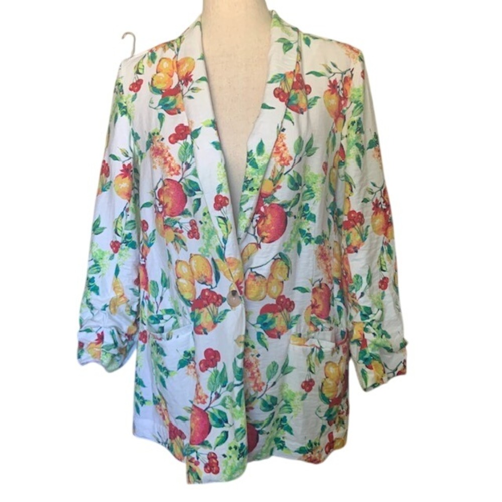 Fruit Print Blazer M Euro Summer Mediterranean Coastal Chic Lightweight Layering